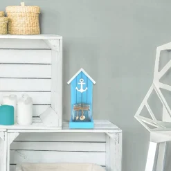 Bougeoir Bord de Mer turquoise, en verre et bois 25,5cm - RueDeLaFete