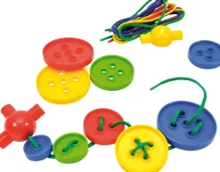 Boutons à enfiler en boîte : 8 ficelles, 8 stopeurs, 100 boutons - Eduplay