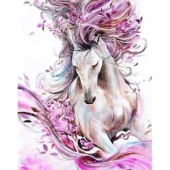 Broderie diamant : Cheval et Crinière rose - sans chassis en bois - Figured'Art