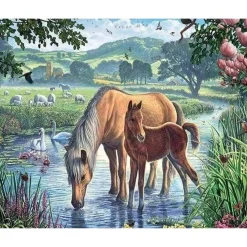 Broderie diamant : Chevaux et Ruisseau - sans chassis en bois - Figured'Art