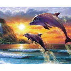 Broderie diamant : Dauphins au lever du Soleil - sans chassis en bois - Figured'Art