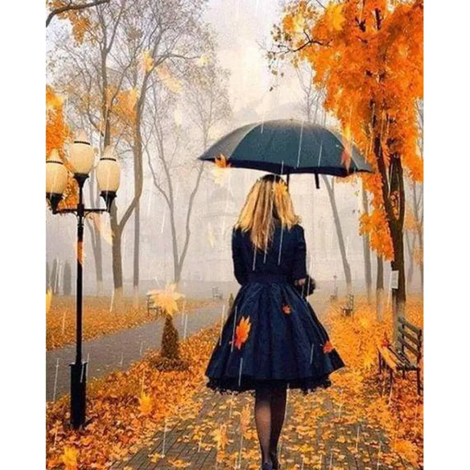 Broderie diamant : Femme sous la Pluie - sans chassis en bois - Figured'Art