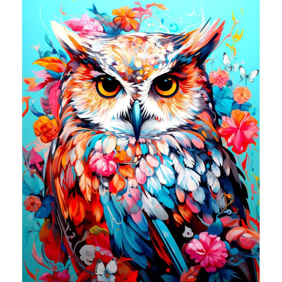 Broderie diamant : Hibou coloré en fleurs - sans chassis en bois - Figured'Art