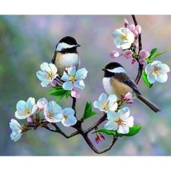 Broderie diamant : Petits Oiseaux et Fleurs Blanches - toile tendue sur chassis - Figured'Art