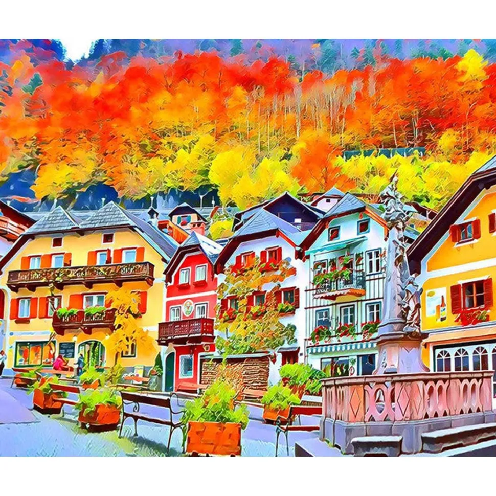 Broderie diamant : Village Suisse coloré - sans chassis en bois - Figured'Art