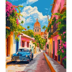 Broderie diamant : Voiture classique à Mexico - toile tendue sur chassis - Figured'Art