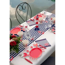 Chemin de table BORD DE MER, coton rayé et ancre 3m - RueDeLaFete