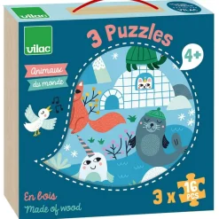 Coffret puzzles en bois 3x16 pièces : Animaux du monde - Vilac