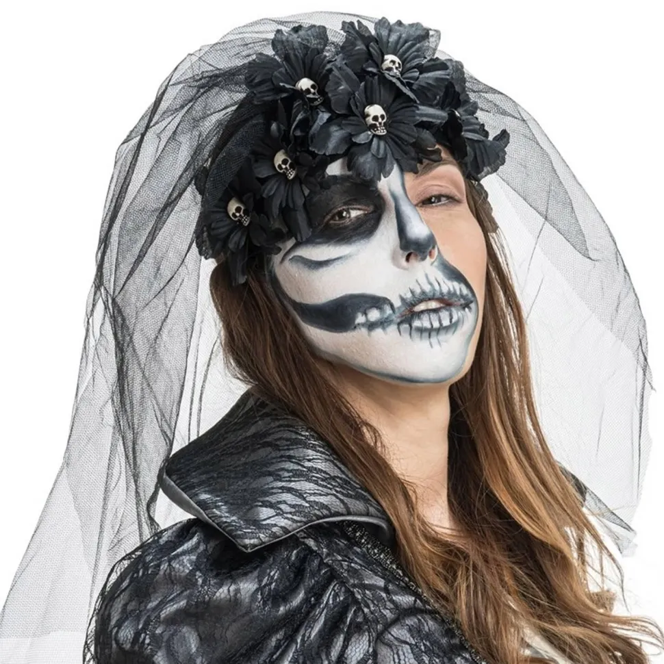 Coiffe gothique avec fleurs noires, crânes et voile - RueDeLaFete