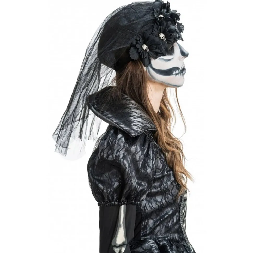 Coiffe gothique avec fleurs noires, crânes et voile - RueDeLaFete
