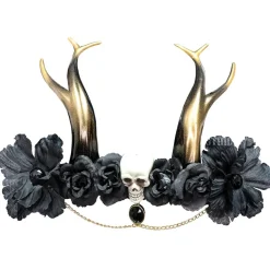 Coiffe gothique noire avec cornes, tête de mort et médaillon - RueDeLaFete