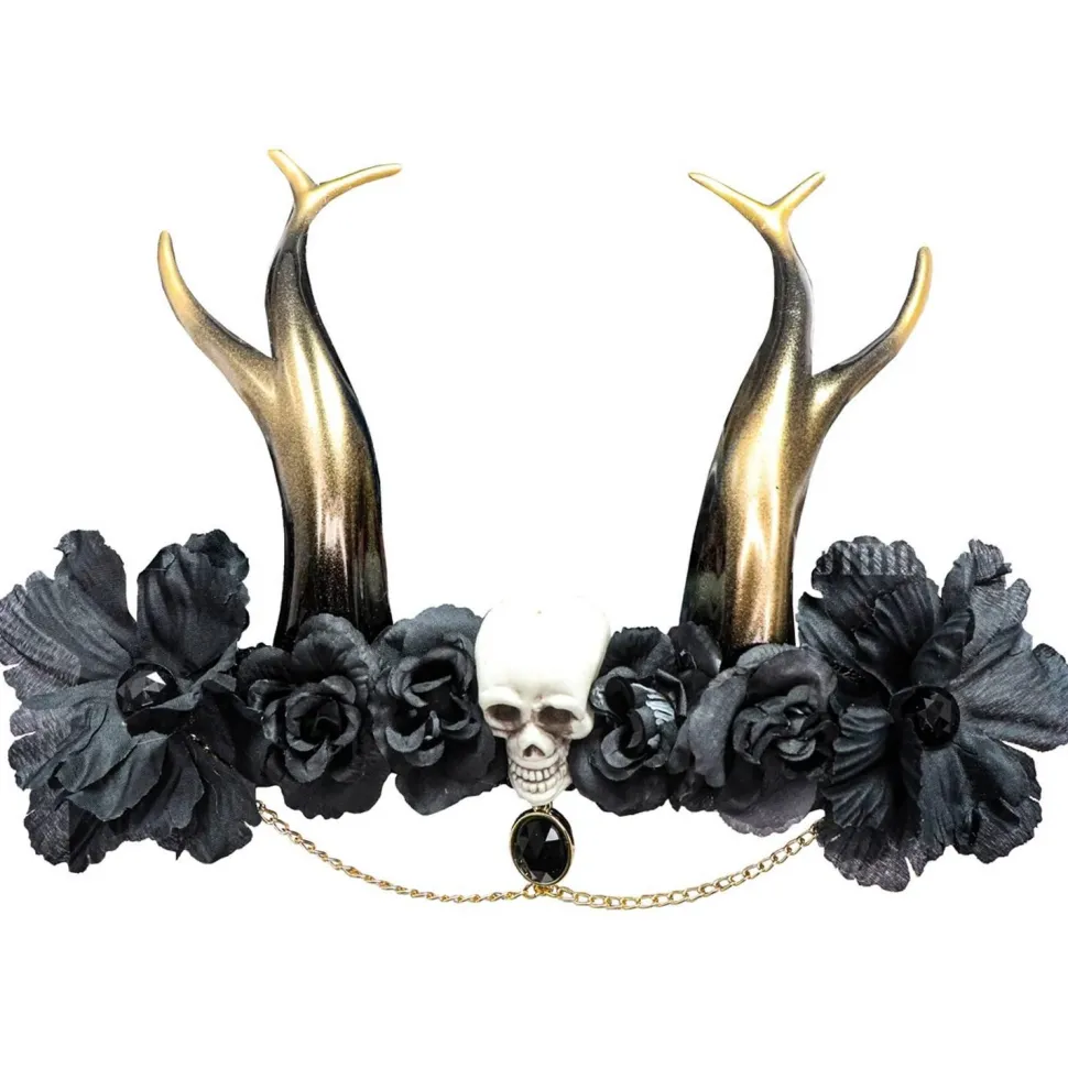 Coiffe gothique noire avec cornes, tête de mort et médaillon - RueDeLaFete