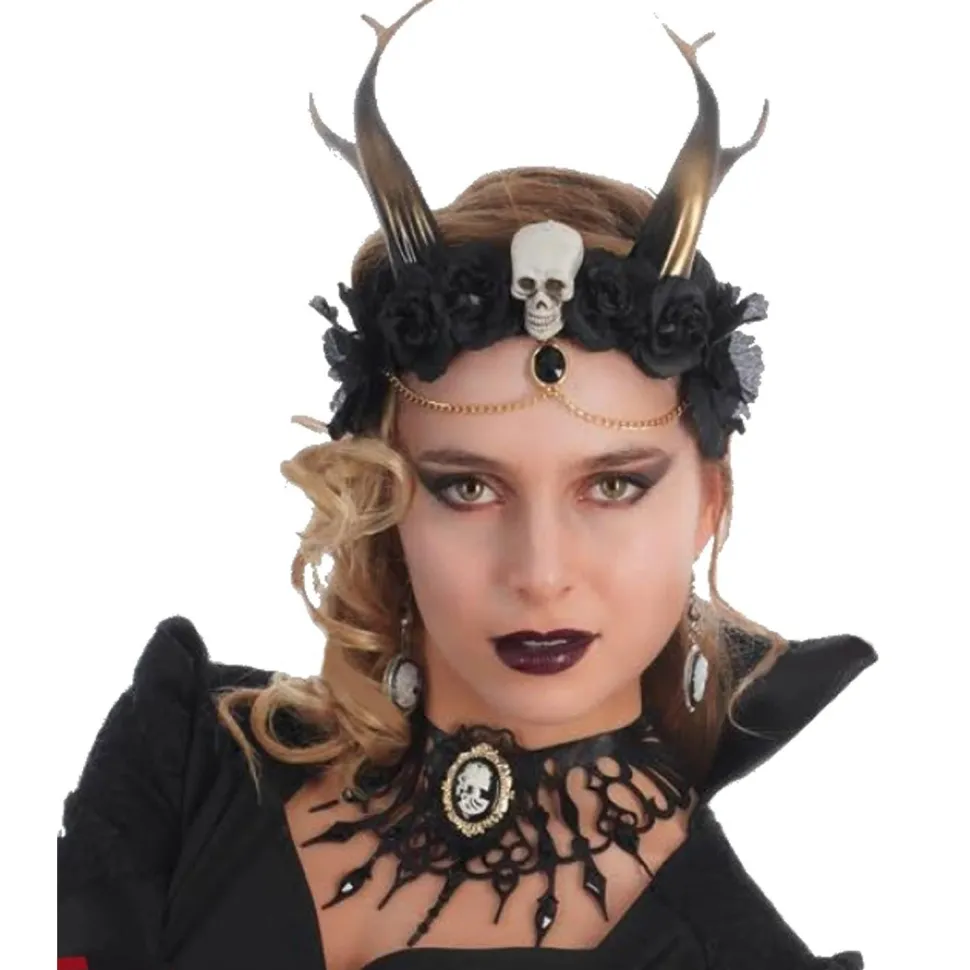 Coiffe gothique noire avec cornes, tête de mort et médaillon - RueDeLaFete