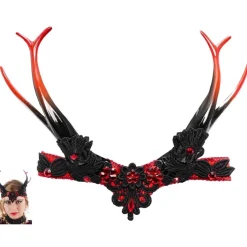 Coiffe gothique rouge/noire avec cornes et pierres rouges - RueDeLaFete