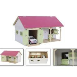 Ecurie pour chevaux avec 2 coffres et rangement rose en bois (1:32) - Kids Globe Horses