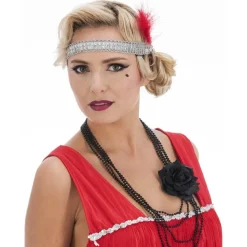 Grand Collier de perles factices charleston avec fleur artificielle, Noir - RueDeLaFete