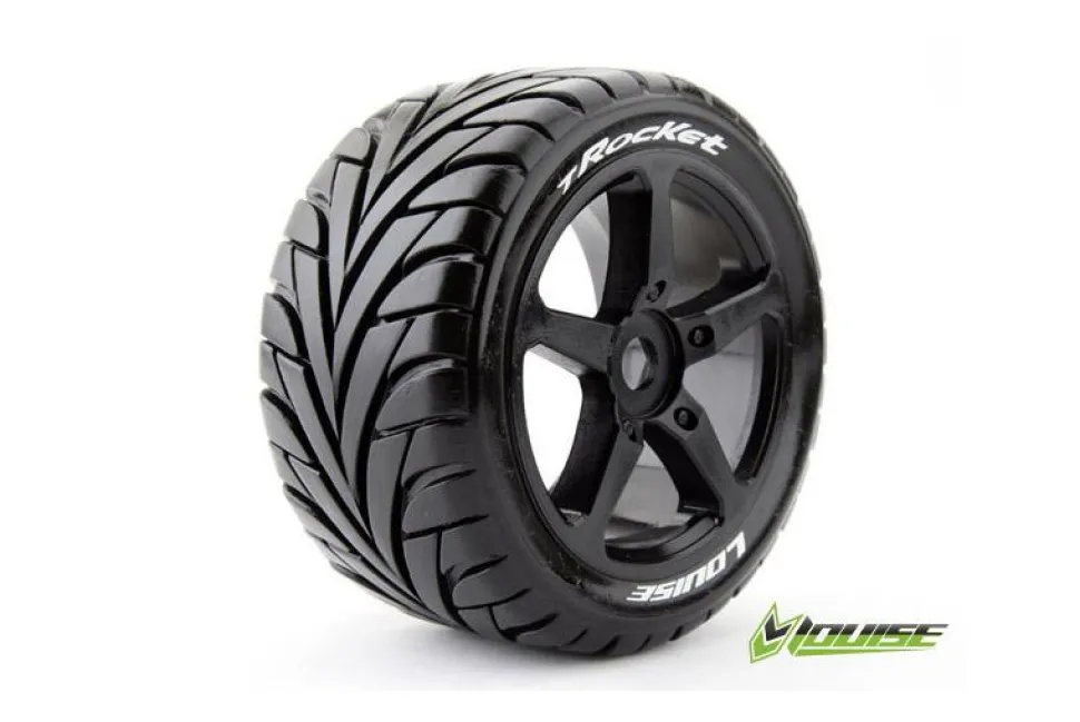 Louise RC - T-ROCKET - Pneus 1-8e Truggy - Soft - Jantes à batons Noirs - 0-Offset - Hex 17mm - 1 Pa - Louise RC Tyres