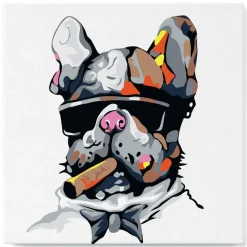 Mini peinture au numéro : Chien au Cigare - toile tendue sur chassis - Figured'Art