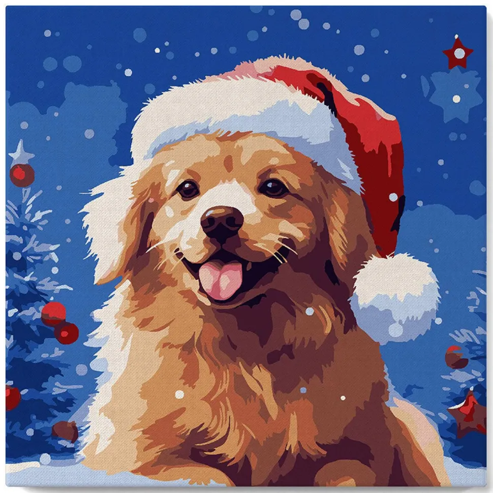Mini peinture au numéro : Chien Mignon à Noël - toile tendue sur chassis - Figured'Art