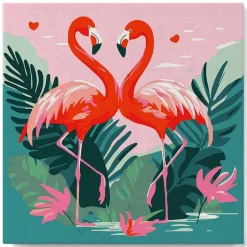 Mini peinture au numéro : Flamants Roses Tropicaux - toile tendue sur chassis - Figured'Art