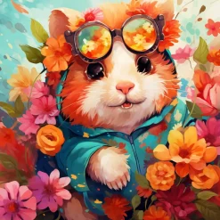Mini peinture au numéro : Hamster fantaisie et fleurs - toile tendue sur chassis - Figured'Art