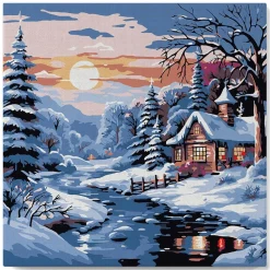 Mini peinture au numéro : Jolie Chaumière sous la Neige - toile tendue sur chassis - Figured'Art