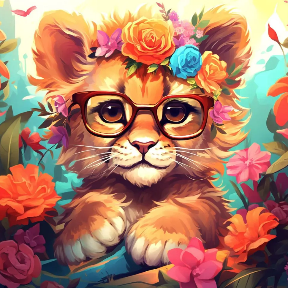 Mini peinture au numéro : Lionceau fantaisie et fleurs - toile tendue sur chassis - Figured'Art