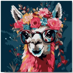 Mini peinture au numéro : Lama Fantaisie et Fleurs - toile tendue sur chassis - Figured'Art