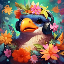 Mini peinture au numéro : Oiseau fantaisie et des fleurs - toile tendue sur chassis - Figured'Art