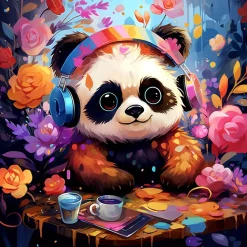 Mini peinture au numéro : Panda fantaisie et fleurs - toile tendue sur chassis - Figured'Art