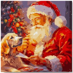 Mini peinture au numéro : Père Noël et son Chien - toile tendue sur chassis - Figured'Art