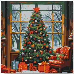 Mini peinture au numéro : Sapin de Noël dans le Salon - toile tendue sur chassis - Figured'Art