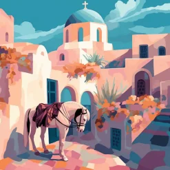 Mini peinture au numéro : Scène de cheval à Santorin - toile tendue sur chassis - Figured'Art