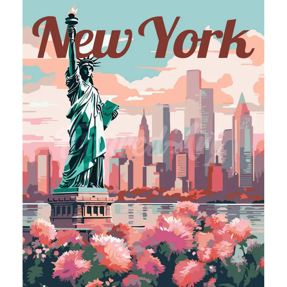 Peinture au numéro : Affiche de voyage New York en fleurs - sans châssis en bois - Figured'Art