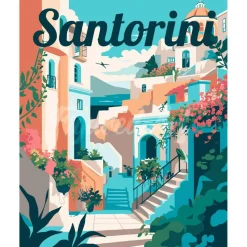 Peinture au numéro : Affiche de voyage Santorin en fleurs - toile tendue sur châssis - Figured'Art