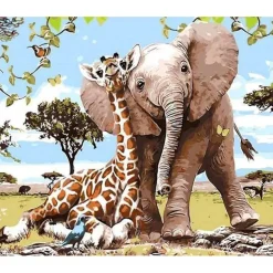 Peinture au numéro : Amis Eléphant & Girafe - sans châssis en bois - Figured'Art