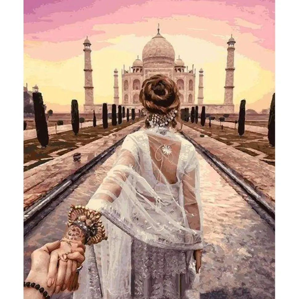 Peinture au numéro : Balade Romantique Taj Mahal - sans châssis en bois - Figured'Art