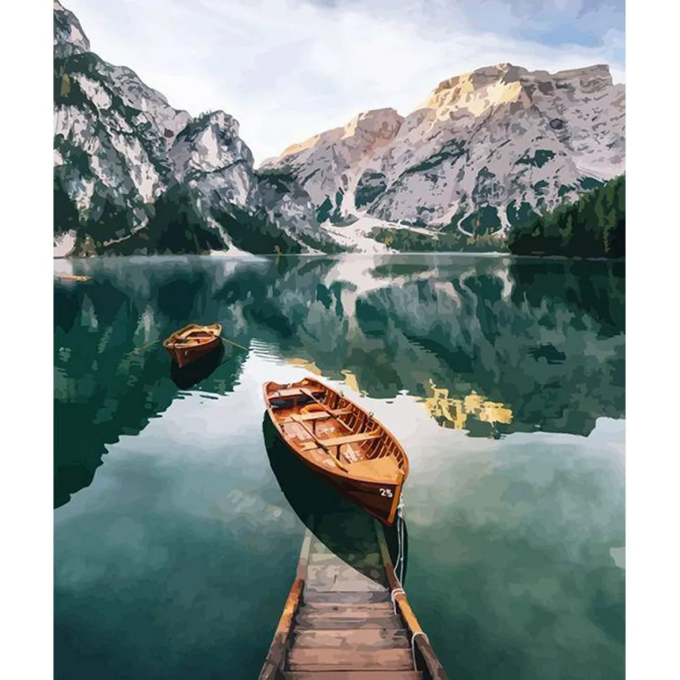 Peinture au numéro : Barque et lac de montagne - sans châssis en bois - Figured'Art