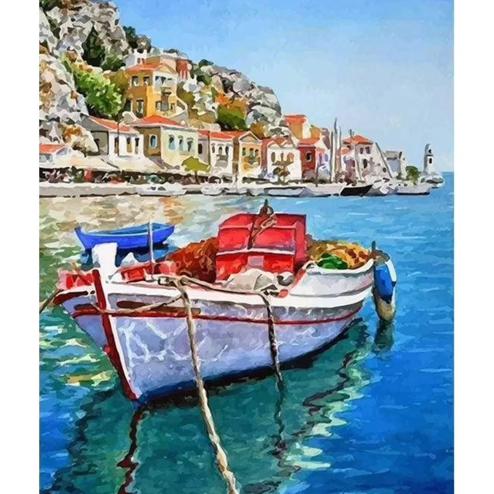 Peinture au numéro : Barque Amarrée au Port - sans châssis en bois - Figured'Art