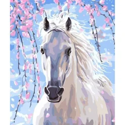 Peinture au numéro : Cheval et fleurs blanches - toile tendue sur châssis - Figured'Art