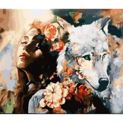 Peinture au numéro : Complicité Femme et Louve blanche - sans châssis en bois - Figured'Art