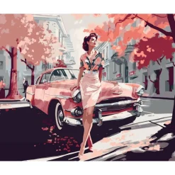 Peinture au numéro : Femme et voiture classique rose - toile tendue sur châssis - Figured'Art