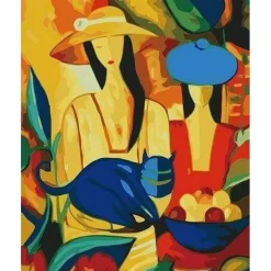 Peinture au numéro : Femmes et chat bleu - toile tendue sur châssis - Figured'Art