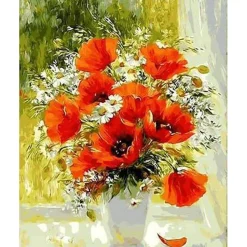 Peinture au numéro : Fleurs Rouges et Marguerites - sans châssis en bois - Figured'Art