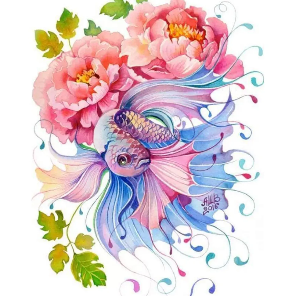 Peinture au numéro : Fleurs et Poisson entrelacés - sans châssis en bois - Figured'Art