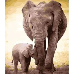Peinture au numéro : Maman éléphant et son petit - sans châssis en bois - Figured'Art