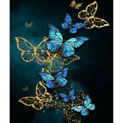 Peinture au numéro : Papillons féériques bleus et dorés - sans châssis en bois - Figured'Art