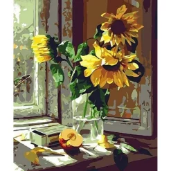 Peinture au numéro : Tournesols et Pomme devant la Fenêtre - sans châssis en bois - Figured'Art