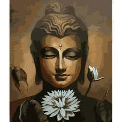 Peinture au numéro : Visage de Bouddha et fleur de Lotus - sans châssis en bois - Figured'Art