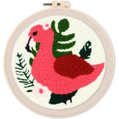 Punch Needle : Flamant rose et Feuillage - avec cadre - Figured'Art